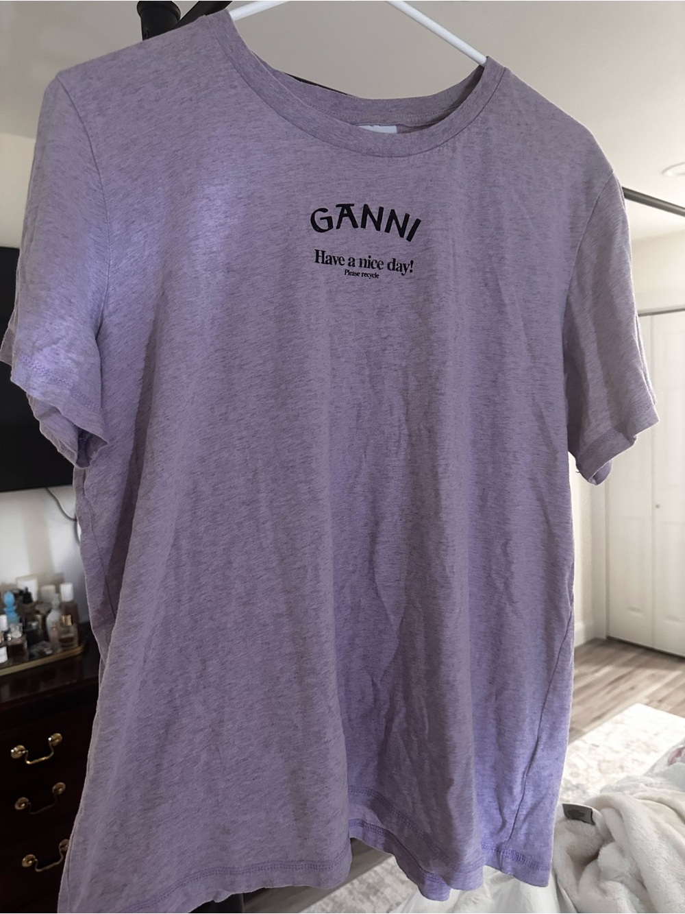 Ganni Lavender Crewneck Tee with Center Logo